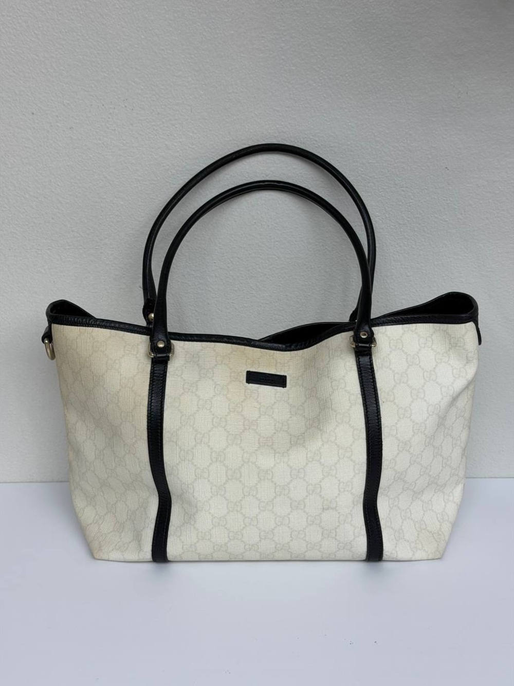 Gucci GG Supreme White Canvas Black Leather Tote Shoulder Bag